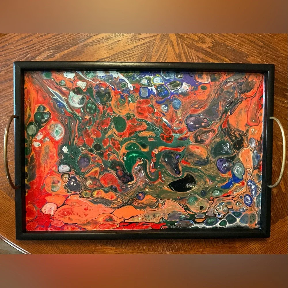 Gorgeous Handmade Original Colorfully Painted Wooden Brass Handle Serving Tray! - Picture 12 of 15